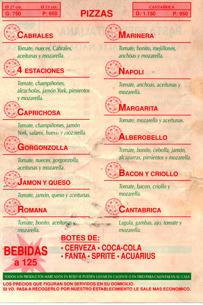 Las cartas viejas de la pizzería alberobello. Son de alrededor de 1990.